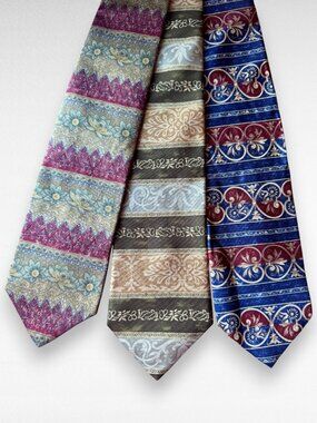 Bill Blass 100% Silk Mens Ties Set Of 3 Floral & Geometric Patterns Multi-Color